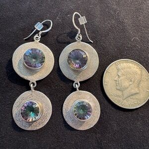 Silver Mystic Topaz Dangle Disc Earrings with Stones 925 Sterling Artisan Greece